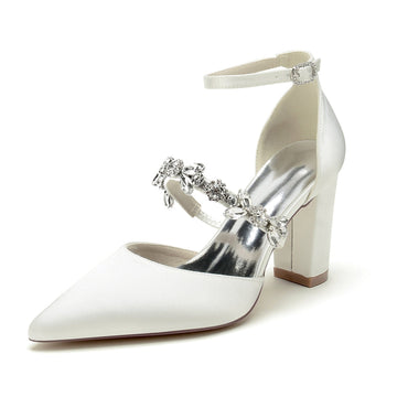 Women's Wedding Shoes Pointed Toe Chunky Heel Silk Satin Buckle Bridal Shoes with Rhinestone