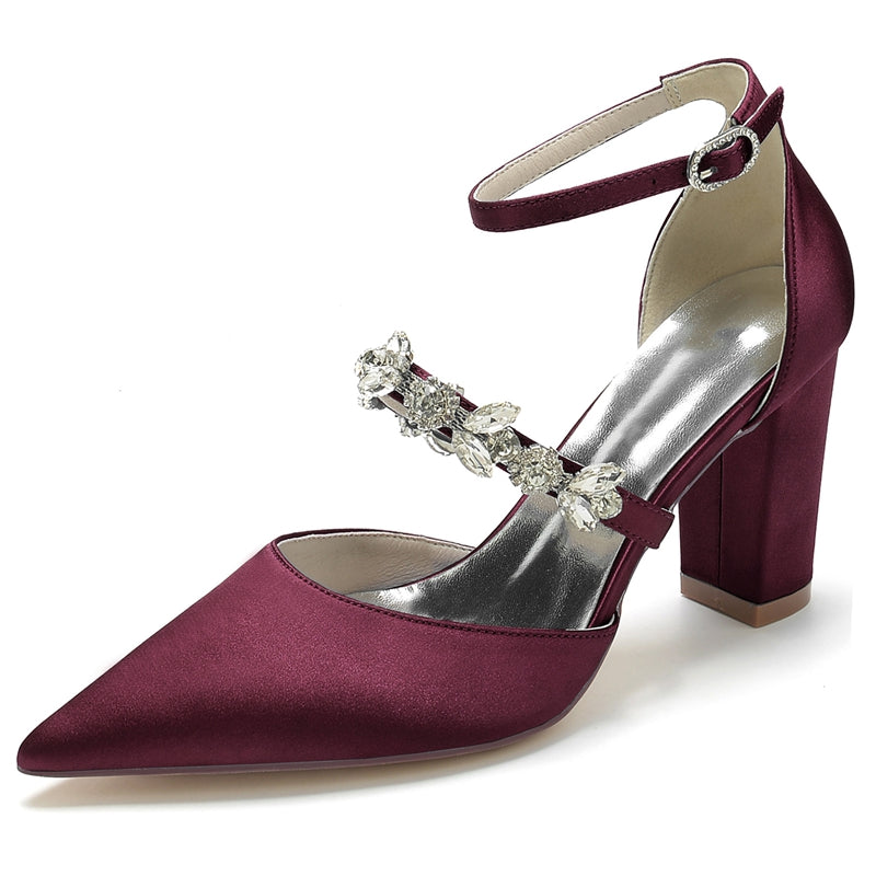 Women's Wedding Shoes Pointed Toe Chunky Heel Silk Satin Buckle Bridal Shoes with Rhinestone