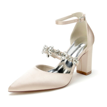 Women's Wedding Shoes Pointed Toe Chunky Heel Silk Satin Buckle Bridal Shoes with Rhinestone