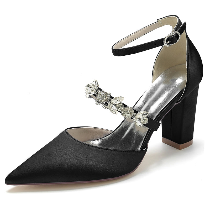 Women's Wedding Shoes Pointed Toe Chunky Heel Silk Satin Buckle Bridal Shoes with Rhinestone