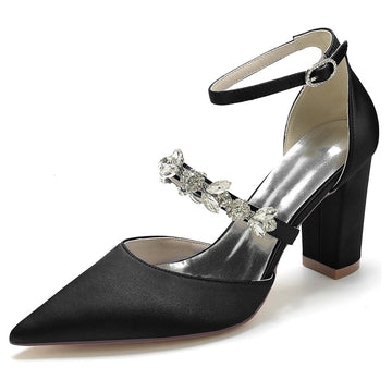 Women's Wedding Shoes Pointed Toe Chunky Heel Silk Satin Buckle Bridal Shoes with Rhinestone