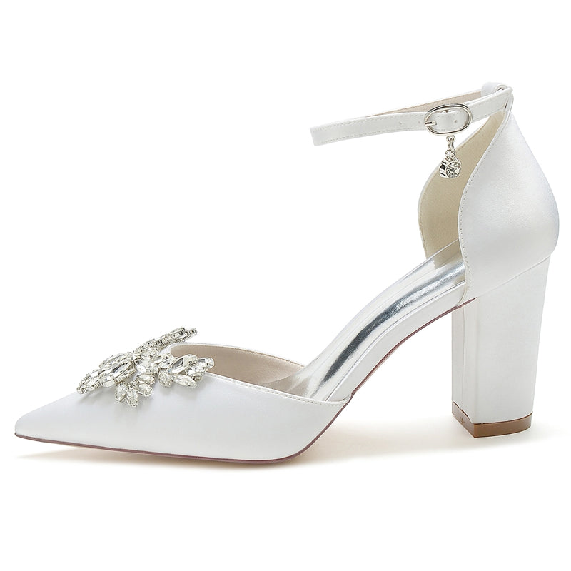 Women's Wedding Shoes Closed Toe Chunky Heel Buckle Bridal Shoes with Rhinestone