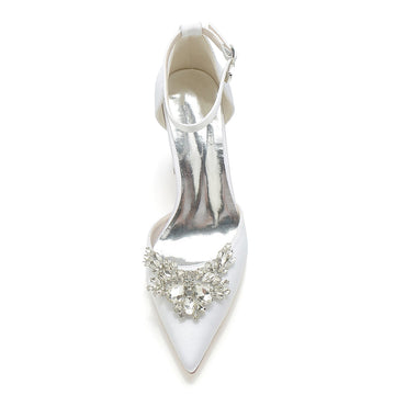 Women's Wedding Shoes Closed Toe Chunky Heel Buckle Bridal Shoes with Rhinestone