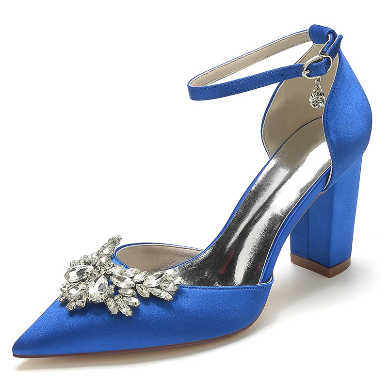Women's Wedding Shoes Closed Toe Chunky Heel Buckle Bridal Shoes with Rhinestone