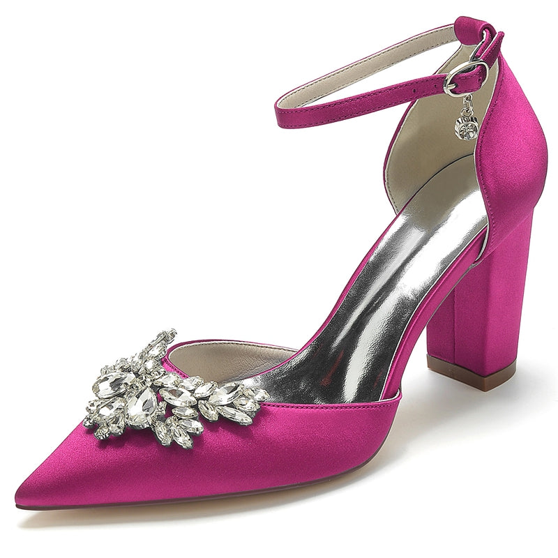 Women's Wedding Shoes Closed Toe Chunky Heel Buckle Bridal Shoes with Rhinestone