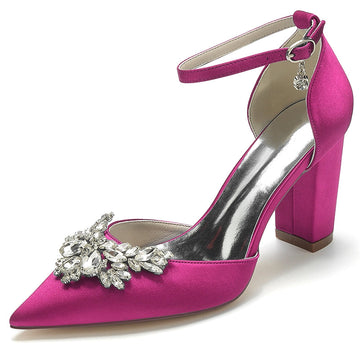 Women's Wedding Shoes Closed Toe Chunky Heel Buckle Bridal Shoes with Rhinestone