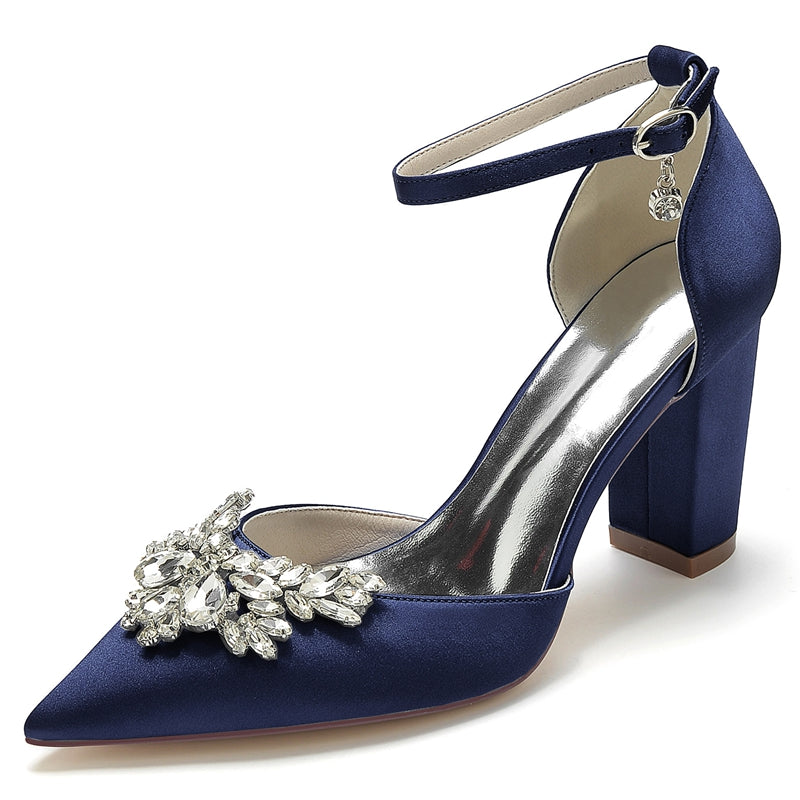 Women's Wedding Shoes Closed Toe Chunky Heel Buckle Bridal Shoes with Rhinestone