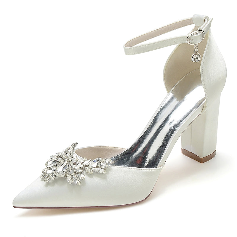 Women's Wedding Shoes Closed Toe Chunky Heel Buckle Bridal Shoes with Rhinestone