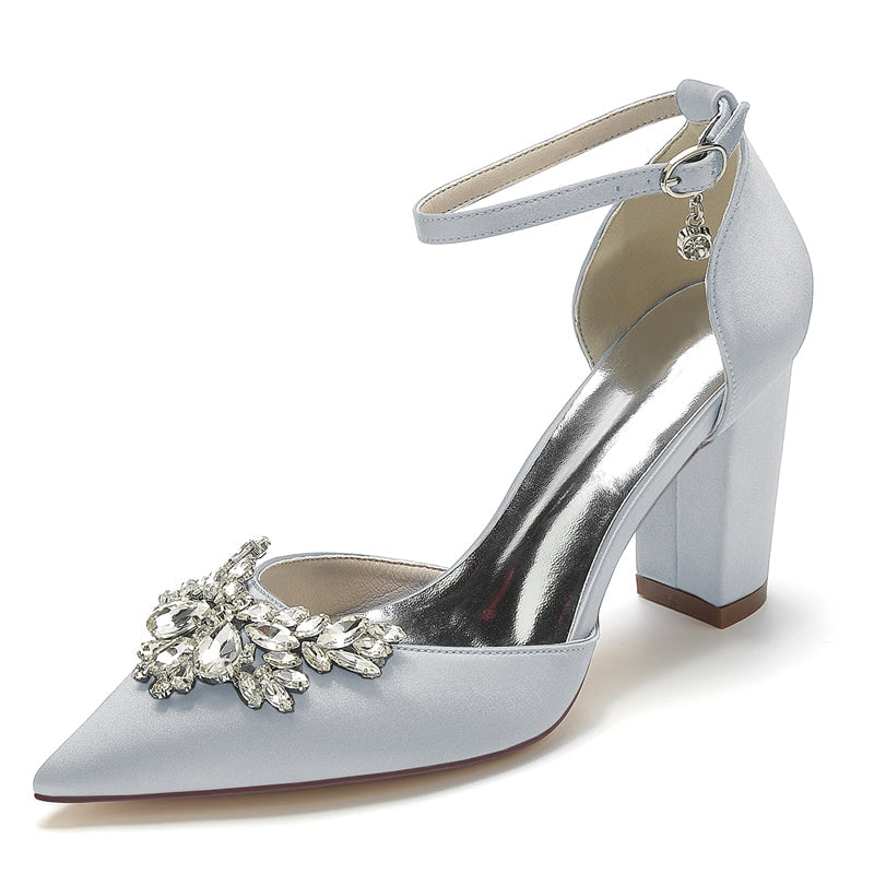 Women's Wedding Shoes Closed Toe Chunky Heel Buckle Bridal Shoes with Rhinestone