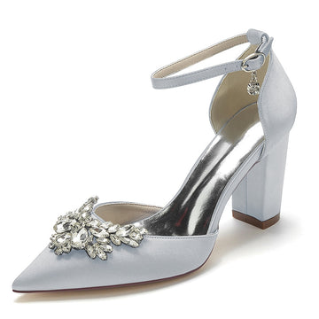 Women's Wedding Shoes Closed Toe Chunky Heel Buckle Bridal Shoes with Rhinestone