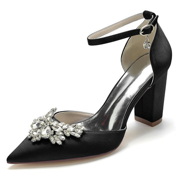 Women's Wedding Shoes Closed Toe Chunky Heel Buckle Bridal Shoes with Rhinestone