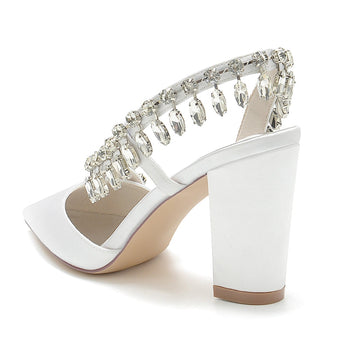 Women's Wedding Shoes Closed Toe Block Heel Exquisite Bridal Shoes with Curved Rhinestone