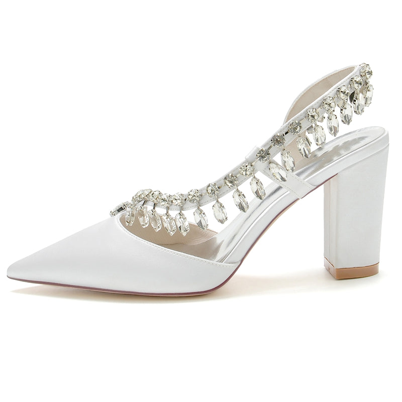 Women's Wedding Shoes Closed Toe Block Heel Exquisite Bridal Shoes with Curved Rhinestone