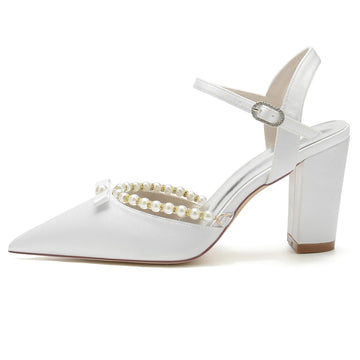 Women's Wedding Shoes Pointed Toe High Block Heel Buckle Bridal Shoes with Pearl & Bowknot