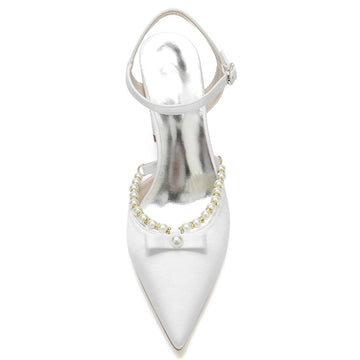 Women's Wedding Shoes Pointed Toe High Block Heel Buckle Bridal Shoes with Pearl & Bowknot