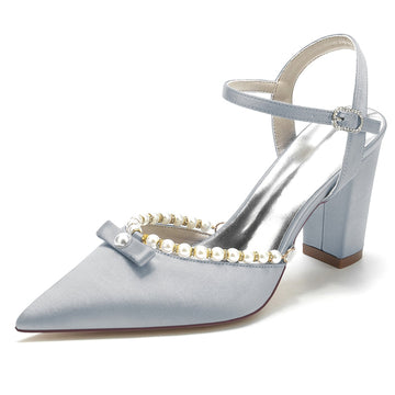 Women's Wedding Shoes Pointed Toe High Block Heel Buckle Bridal Shoes with Pearl & Bowknot