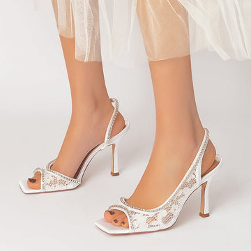 Women's Wedding Shoes Peep Toe Stiletto Heel Lace Chic Bridal Shoes with Curved Rhinestone