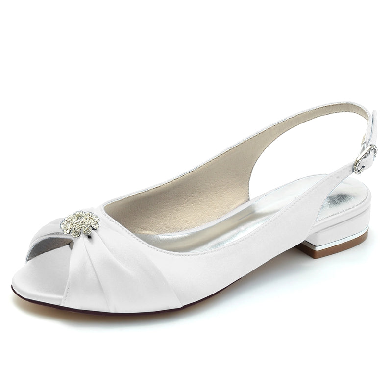 Women's Wedding Shoes Open Toe Flat Heel Comfortable Bridal Shoes with Rhinestone & Ruffles
