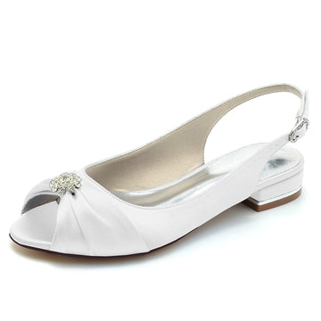 Women's Wedding Shoes Open Toe Flat Heel Comfortable Bridal Shoes with Rhinestone & Ruffles