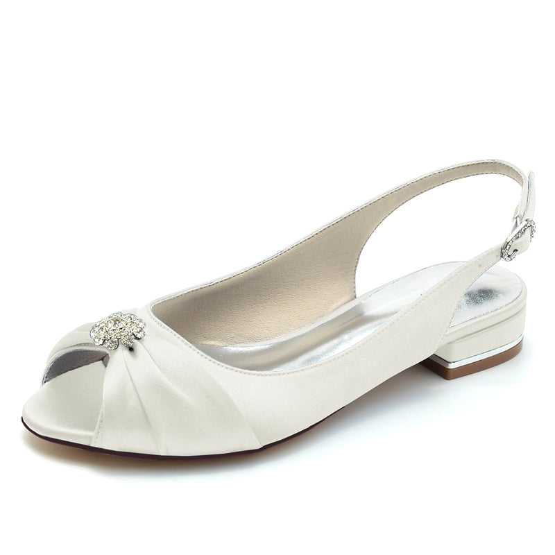 Women's Wedding Shoes Open Toe Flat Heel Comfortable Bridal Shoes with Rhinestone & Ruffles