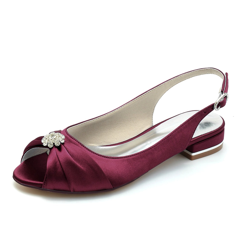 Women's Wedding Shoes Open Toe Flat Heel Comfortable Bridal Shoes with Rhinestone & Ruffles