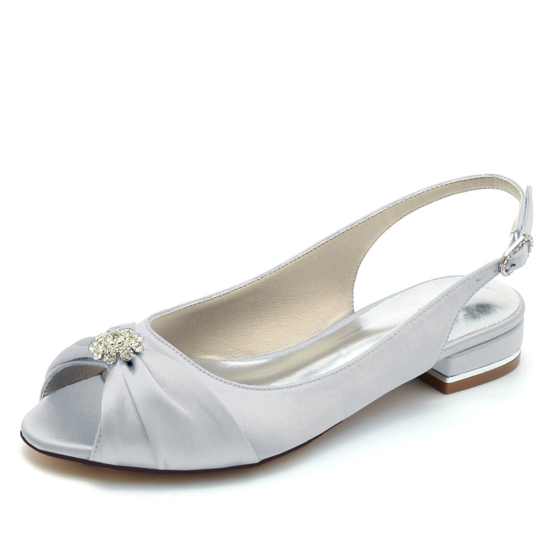 Women's Wedding Shoes Open Toe Flat Heel Comfortable Bridal Shoes with Rhinestone & Ruffles