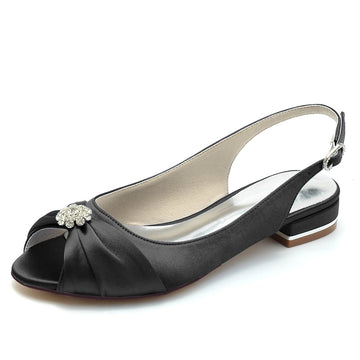 Women's Wedding Shoes Open Toe Flat Heel Comfortable Bridal Shoes with Rhinestone & Ruffles