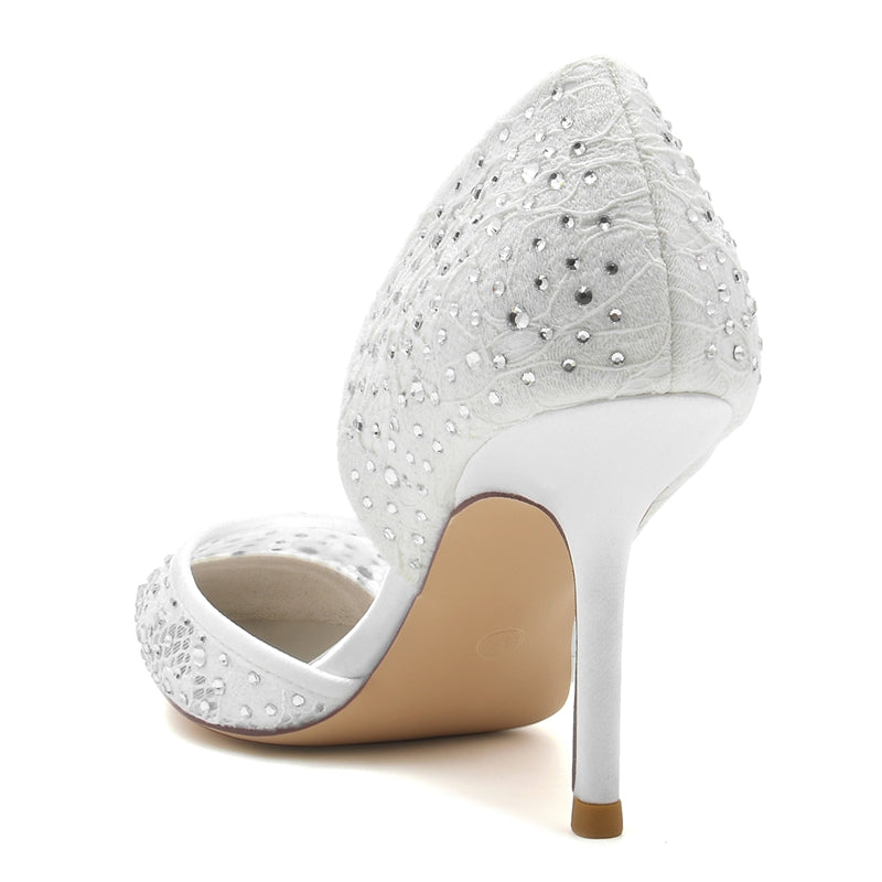 Women's Wedding Shoes Pointed Toe High Stiletto Heel Lace Bridal Shoes with Crystal