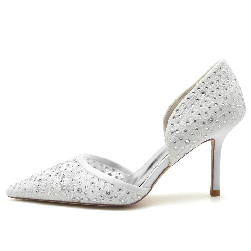 Women's Wedding Shoes Pointed Toe High Stiletto Heel Lace Bridal Shoes with Crystal
