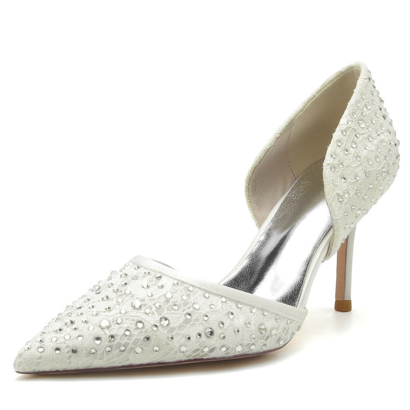 Women's Wedding Shoes Pointed Toe High Stiletto Heel Lace Bridal Shoes with Crystal