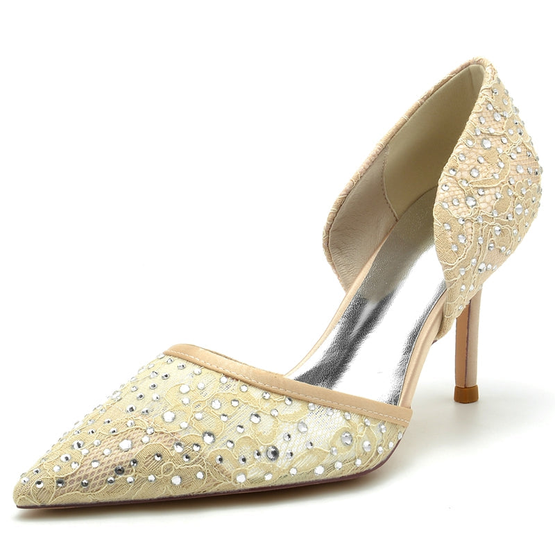 Women's Wedding Shoes Pointed Toe High Stiletto Heel Lace Bridal Shoes with Crystal