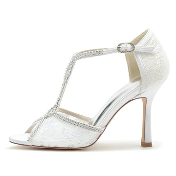 Women's Wedding Shoes Peep Toe High Heel Lace Crystal Straps Luxurious Buckle Bridal Shoes
