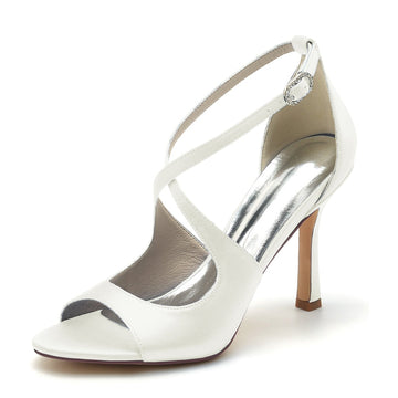 Women's Wedding Shoes White Opened Toe High Heel Chic Bridal Shoes with Crossed Strap