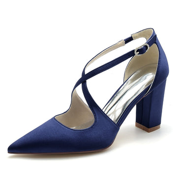 Women's Wedding Shoes Pointed Toe Block Heel Chic Bridal Shoes with Crossed Strap