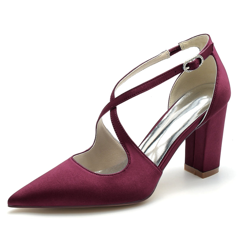 Women's Wedding Shoes Pointed Toe Block Heel Chic Bridal Shoes with Crossed Strap
