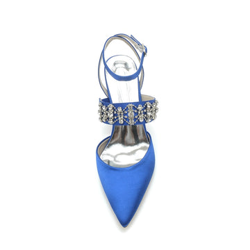 Women's Wedding Shoes Pointed Toe Block Heel Luxury Buckle Bridal Shoes with Rhinestone Chain