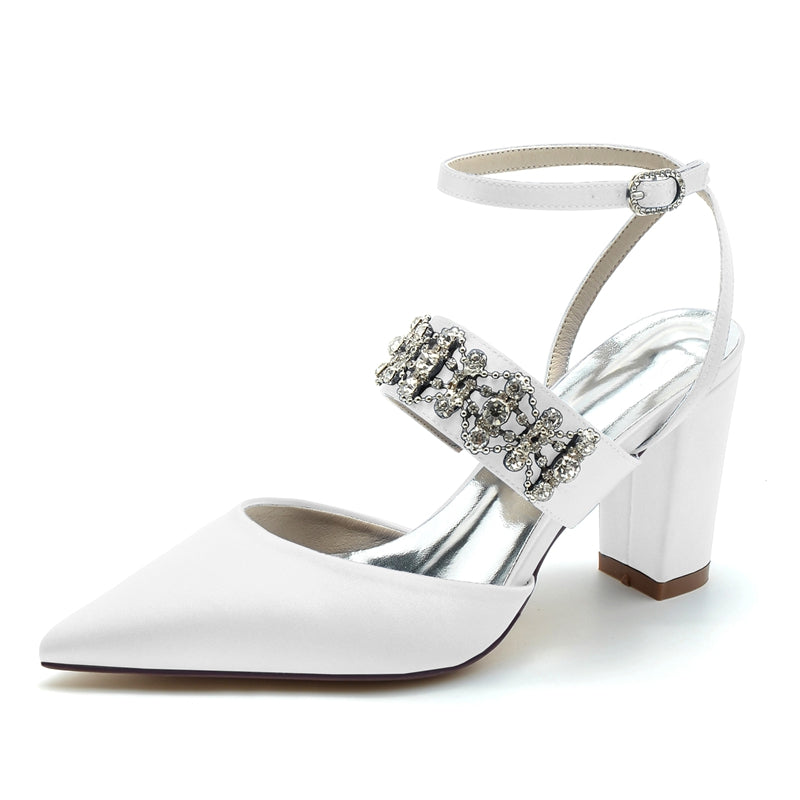 Women's Wedding Shoes Pointed Toe Block Heel Luxury Buckle Bridal Shoes with Rhinestone Chain