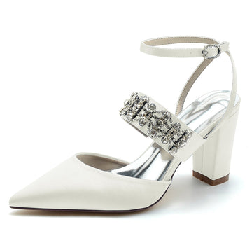 Women's Wedding Shoes Pointed Toe Block Heel Luxury Buckle Bridal Shoes with Rhinestone Chain
