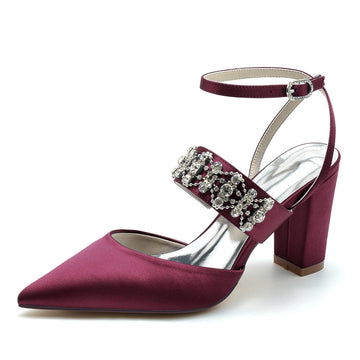 Women's Wedding Shoes Pointed Toe Block Heel Luxury Buckle Bridal Shoes with Rhinestone Chain