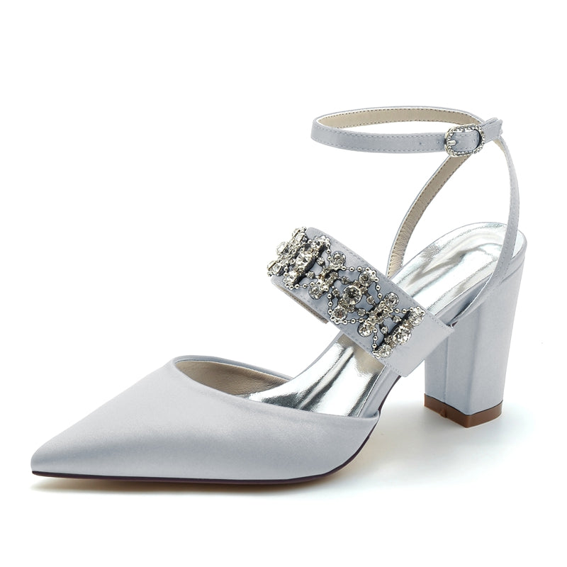 Women's Wedding Shoes Pointed Toe Block Heel Luxury Buckle Bridal Shoes with Rhinestone Chain
