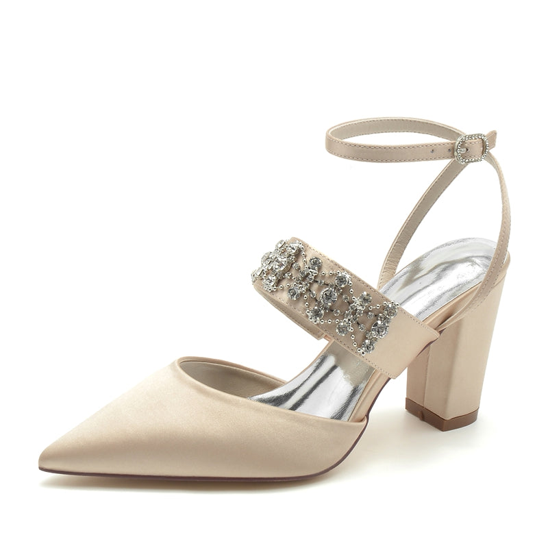 Women's Wedding Shoes Pointed Toe Block Heel Luxury Buckle Bridal Shoes with Rhinestone Chain