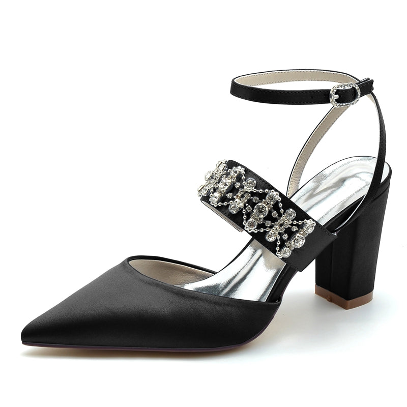 Women's Wedding Shoes Pointed Toe Block Heel Luxury Buckle Bridal Shoes with Rhinestone Chain