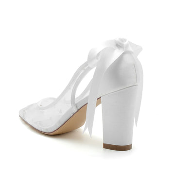 Women's Wedding Shoes White Closed Toe Chunky Heel Printed Heart Bridal Shoes with Bowknot