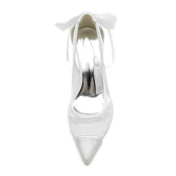Women's Wedding Shoes White Closed Toe Chunky Heel Printed Heart Bridal Shoes with Bowknot