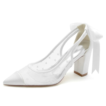 Women's Wedding Shoes White Closed Toe Chunky Heel Printed Heart Bridal Shoes with Bowknot