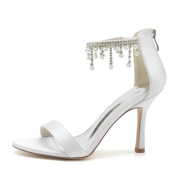 Women's Wedding Shoes White Peep Toe High Heel Buckle Bridal Shoes with Pearl Tassel