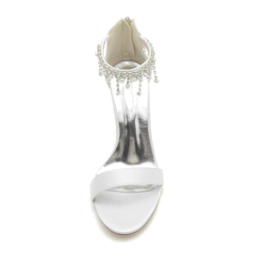 Women's Wedding Shoes White Peep Toe High Heel Buckle Bridal Shoes with Pearl Tassel