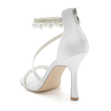 Women's Wedding Shoes Peep Toe High Heel Crossed Strap Buckle Bridal Shoes with Pearl