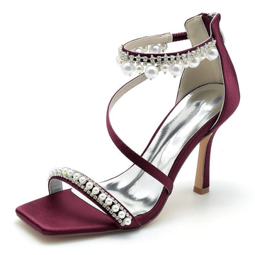 Women's Wedding Shoes Peep Toe High Heel Crossed Strap Buckle Bridal Shoes with Pearl