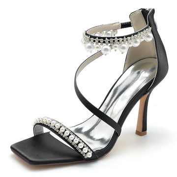 Women's Wedding Shoes Peep Toe High Heel Crossed Strap Buckle Bridal Shoes with Pearl